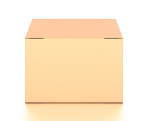 Brown corrugated cardboard box from top front angle. Blank, horizontal, and rectangle shape.