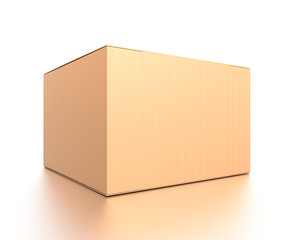 Brown corrugated cardboard box from side closeup angle. Blank, horizontal, and rectangle shape.