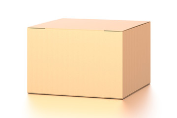 Brown corrugated cardboard box from top front far side angle. Blank, horizontal, and rectangle shape.