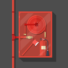 firefighter tool in fire hose cabinet with long red pipe on dark background.
