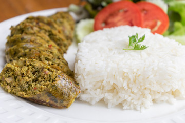 Thai spicy sausage (Sai ua) serve with rice
