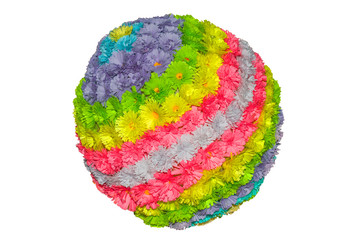 A ball of multi-colored flowers made of paper in the technique quilling on a white background