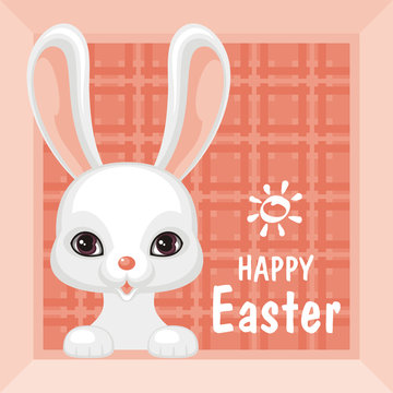 Happy Easter greeting card with the image of a white Easter Bunny. Vector illustration.