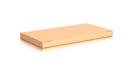 Brown corrugated cardboard box from top side angle. Blank, horizontal, thin, and rectangle shape.