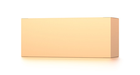 Brown corrugated cardboard box from front far side angle. Blank, horizontal, and rectangle shape.