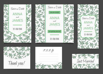Beautiful wedding set of printed materials with a abstract design. Wedding invitation card, save the date cards, R.S.V.P. and thank you card.