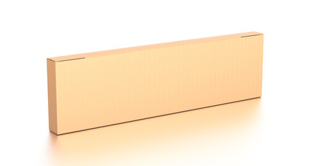 Brown corrugated cardboard box from top side angle. Blank, horizontal, thin, long and rectangle shape.
