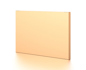 Brown corrugated cardboard box from side angle. Blank, horizontal, thin, and rectangle shape.