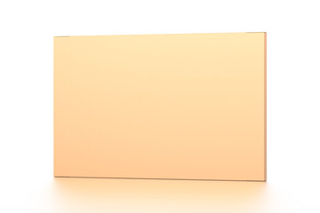 Brown corrugated cardboard box from front far side angle. Blank, horizontal, thin, and rectangle shape.