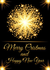 Christmas greeting card and Happy New Year invitation with glow gold particles. Vector illustration