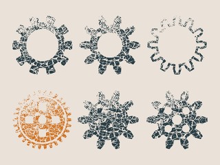 Set of the gear icons. Grunge style vector illustration. Precision machinery relative backdrop