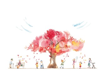 秋の公園、人々、落葉、雲