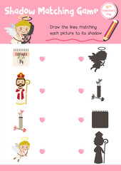 Shadow matching game for preschool kids activity worksheet in Valentines Day theme colorful printable version layout in A4.