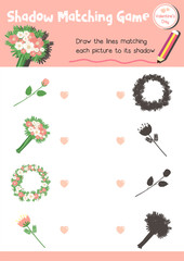 Shadow matching game of flowers for preschool kids activity worksheet in Valentines Day theme colorful printable version layout in A4.