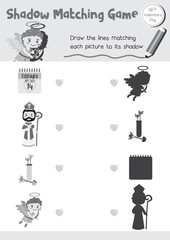 Shadow matching game for preschool kids activity worksheet in Valentines Day theme colorless printable version layout in A4.