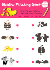 Shadow matching game of animals for preschool kids activity worksheet in Valentines Day theme colorful printable version layout in A4.