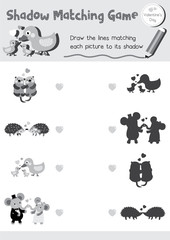 Shadow matching game of animals for preschool kids activity worksheet in Valentines Day theme colorless printable version layout in A4.