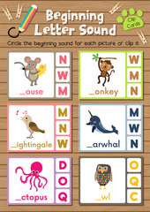 Clip cards matching game of beginning letter sound M, N, O for preschool kids activity worksheet in animals theme colorful printable version layout in A4. © natchapohn