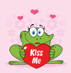 Female Frog Cartoon Mascot Character Holding A Valentine Love Heart With Text Kiss Me. Illustration With Pink Flowers Background