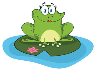 Frog Female Cartoon Mascot Character In A Pond. Illustration Isolated On White Background