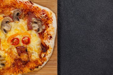 Delicious italian pizza served on wooden board