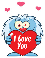 Cute Little Yeti Cartoon Mascot Character Holding A Valentine Love Heart. Illustration Isolated On White Background With Text I love You