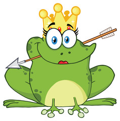 Cute Princess Frog Cartoon Mascot Character With Crown And Arrow. Illustration Isolated On White Background
