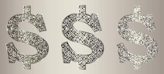 Dollars made of metal with glitter in three variations.