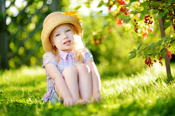 Cute little girl picking red currants in a garden on summer day