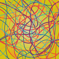 Vector background with moving colorful lines. Bright curves lines with a lot of colors on yellow background. 
