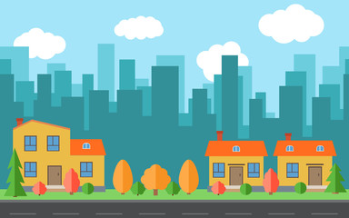 Vector city with three cartoon houses and buildings. City space with road on flat style background concept. Summer urban landscape. Street view with cityscape on a background
