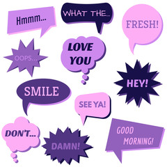 Set of speech bubbles on a white background with different inscriptions in the middle. Speech bubbles with short phrases. Vector illustration.
