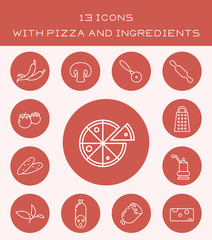 13 icons with pizza and ingredients.