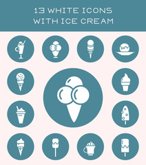13 white icons with ice cream.