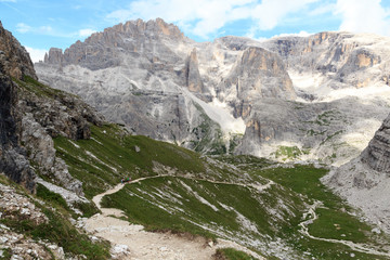 Mountain Einserkofel panorama and footpath, Sexten Dolomites, South Tyrol, Italy