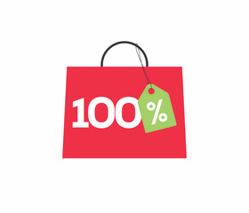 Red shopping bag with 100% on it, with a green price tag label isolated on white background.