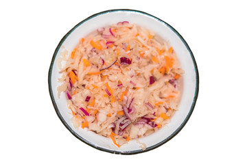 Coleslaw in metal bowl on a white background. Isolated