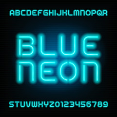 Neon tube alphabet font. Type letters and numbers. Blue color on a dark background. Vector typeface for your design.