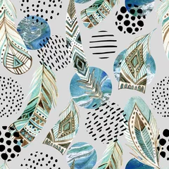 Foto op Plexiglas Aquarel tribal veren naadloze patroon met abstracte marmer en grunge vormen © Tanya Syrytsyna