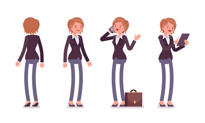 Fototapeta premium Set of female manager in standing poses, rear, front view