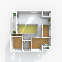 3d interior rendering of square empty home apartment with floor materials