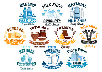 Milk shop and natural dairy products vector icons