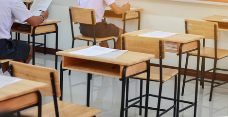 School classroom with desks wood, chalkboard, whiteboard in high
