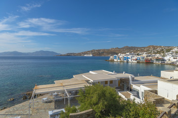 Panoramic view of the little Venice in Mykonos, Cyclades, Greece