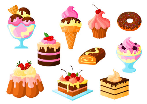 Dessert cake sweets, ice cream vector icons set
