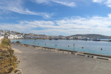Fototapeta na wymiar Panoramic view of Mykonos port, Cyclades, Greece during summer.
