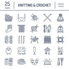 Knitting, crochet, hand made line icons set. Knitting needle, hook, scarf, socks, pattern, wool skeins and other DIY equipment. Linear signs set, logos with editable stroke for yarn or tailor store. - obrazy, fototapety, plakaty