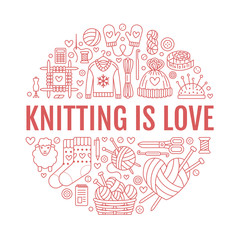 Knitting, crochet, hand made banner illustration. Vector line icon knitting needle, hook, scarf, socks, pattern, wool skeins and other DIY equipment. Yarn or tailor store template with place for text.