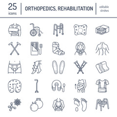 Orthopedic, trauma rehabilitation line icons. Crutches, orthopedics mattress pillow, cervical collar, walkers and other medical rehab goods. Health care thin linear signs for clinic and hospital.