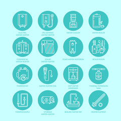 Heater, water boiler, thermostat, electric, gas, solar heaters and other house heating equipment line icons. Thin linear pictogram with editable strokes for hardware store. Household appliances signs.